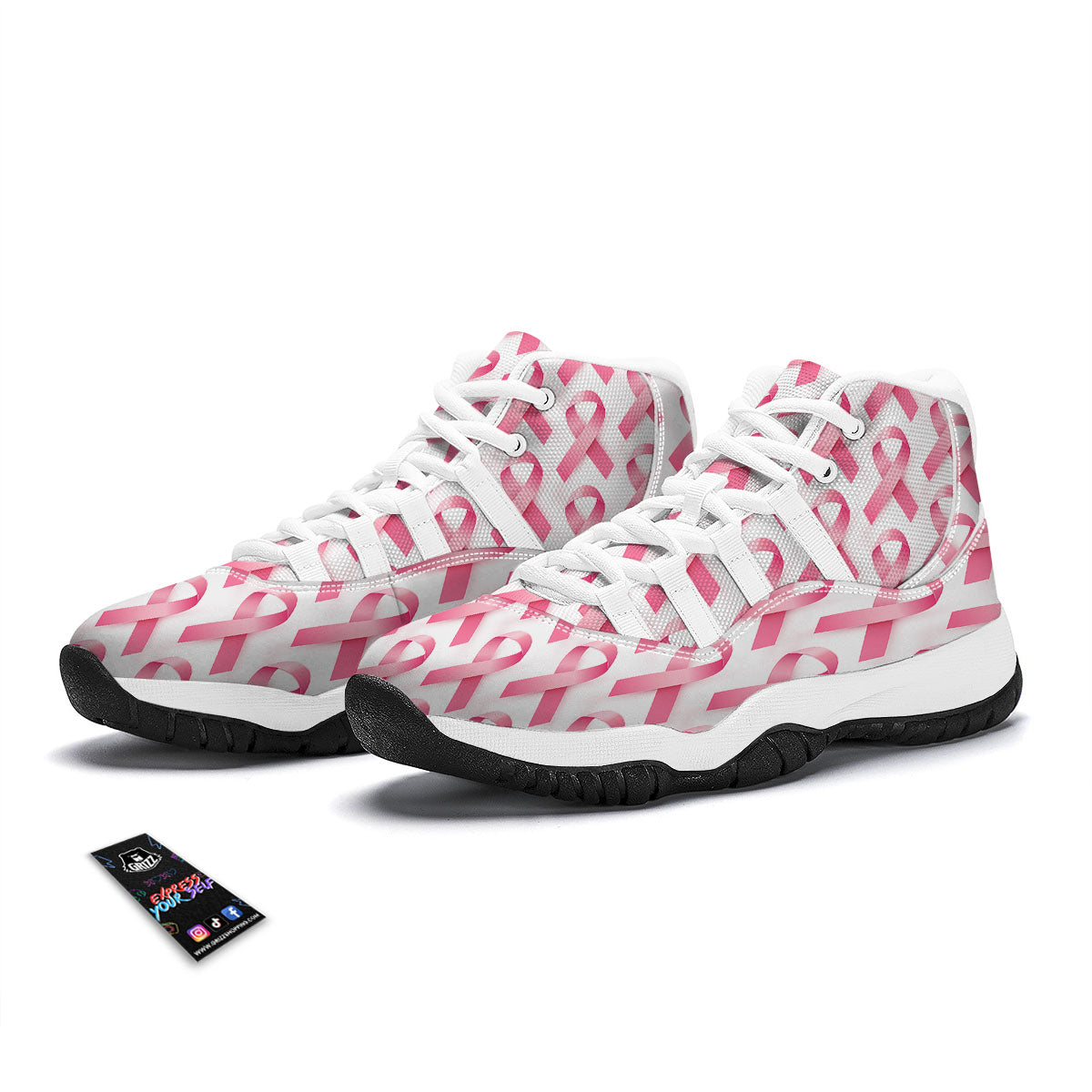 Breast Cancer Pink Ribbon Print Pattern White Bball Shoes-grizzshop