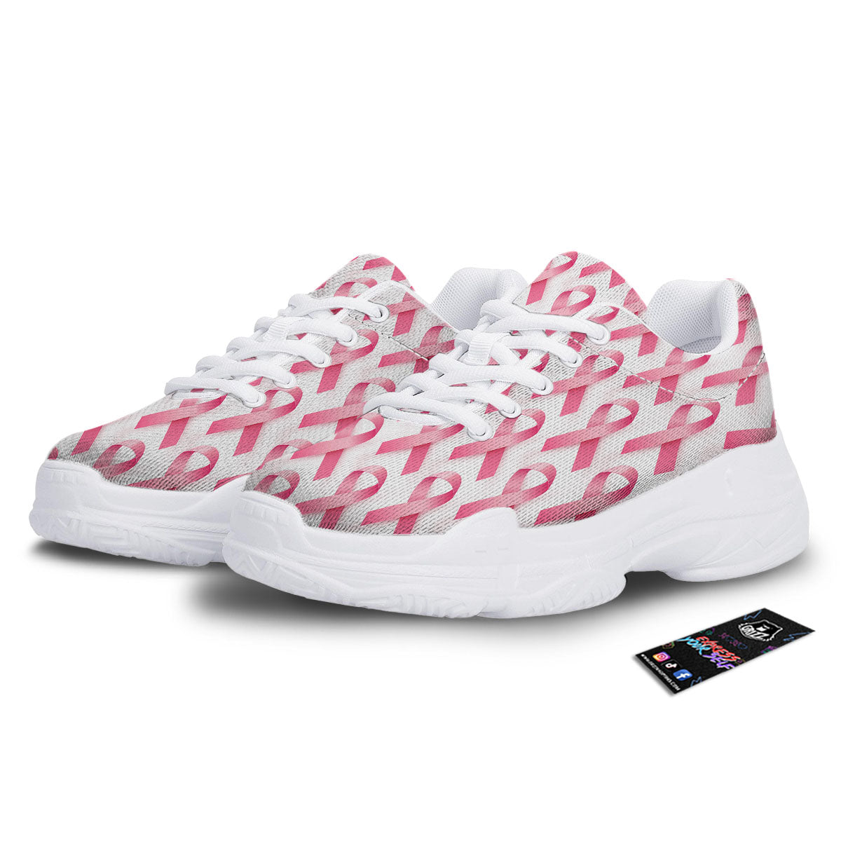 Breast Cancer Pink Ribbon Print Pattern White Chunky Shoes-grizzshop