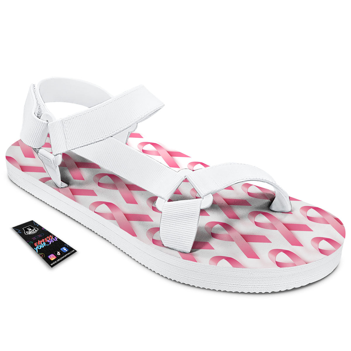 Breast Cancer Pink Ribbon Print Pattern White Open Toe Sandals-grizzshop