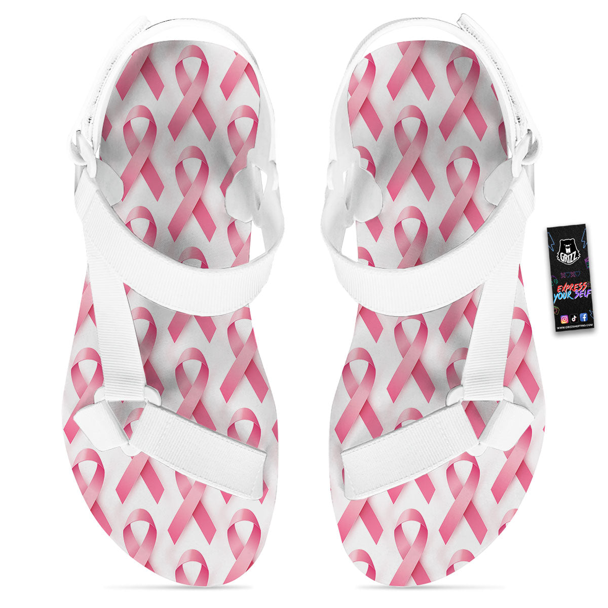 Breast Cancer Pink Ribbon Print Pattern White Open Toe Sandals-grizzshop