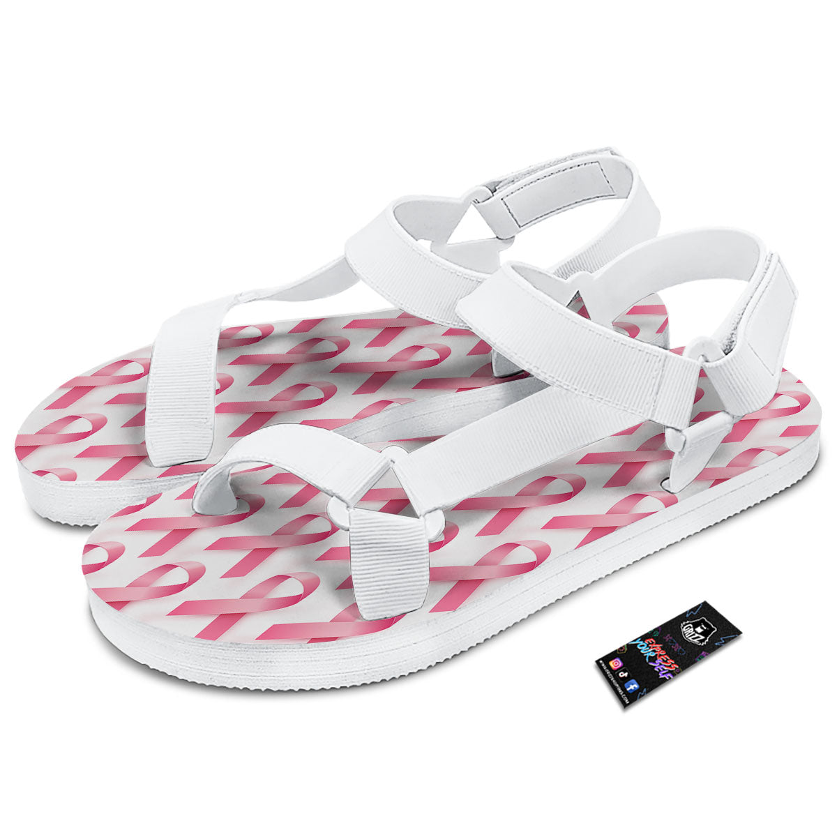 Breast Cancer Pink Ribbon Print Pattern White Open Toe Sandals-grizzshop