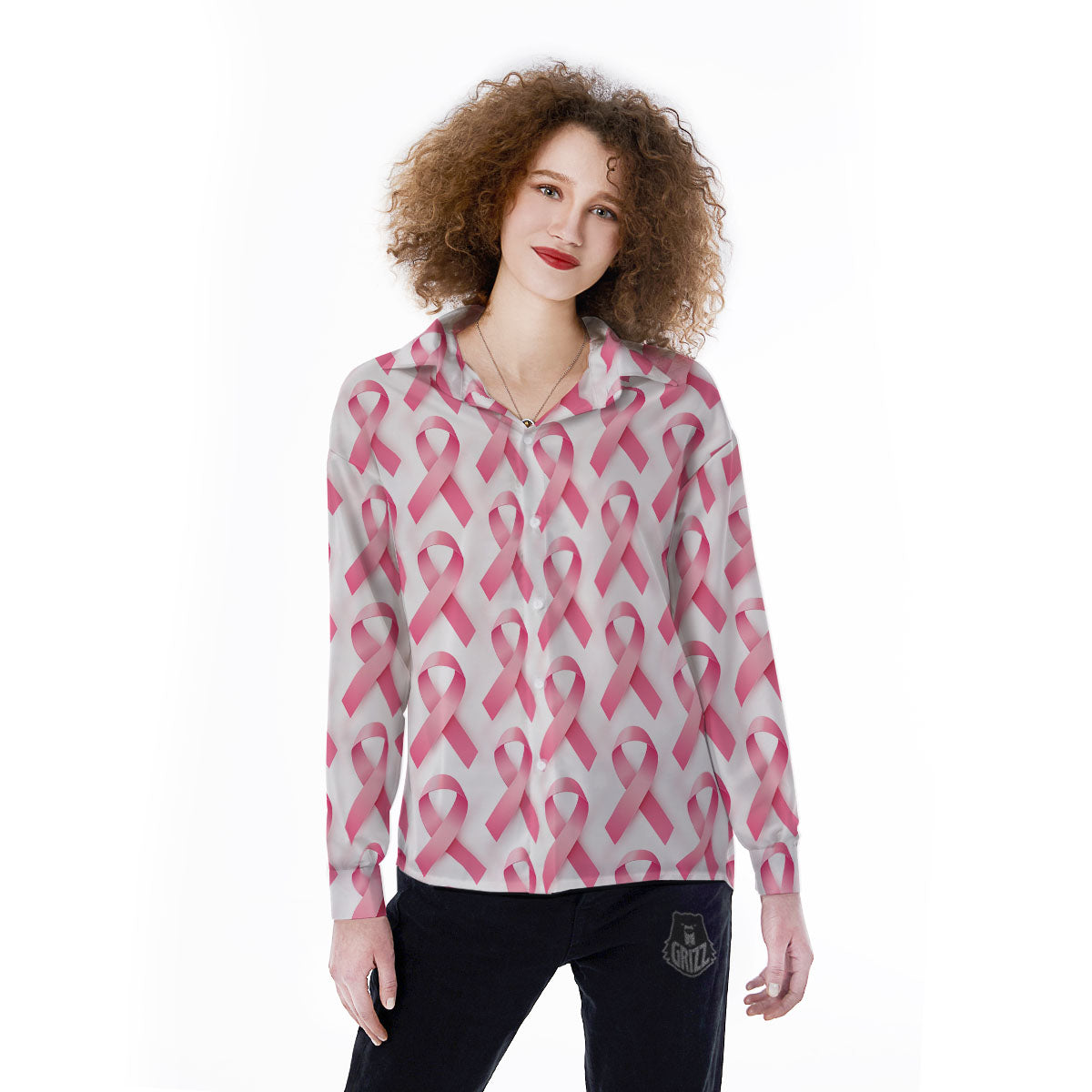 Breast Cancer Pink Ribbon Print Pattern Women's Long Sleeve Shirts-grizzshop