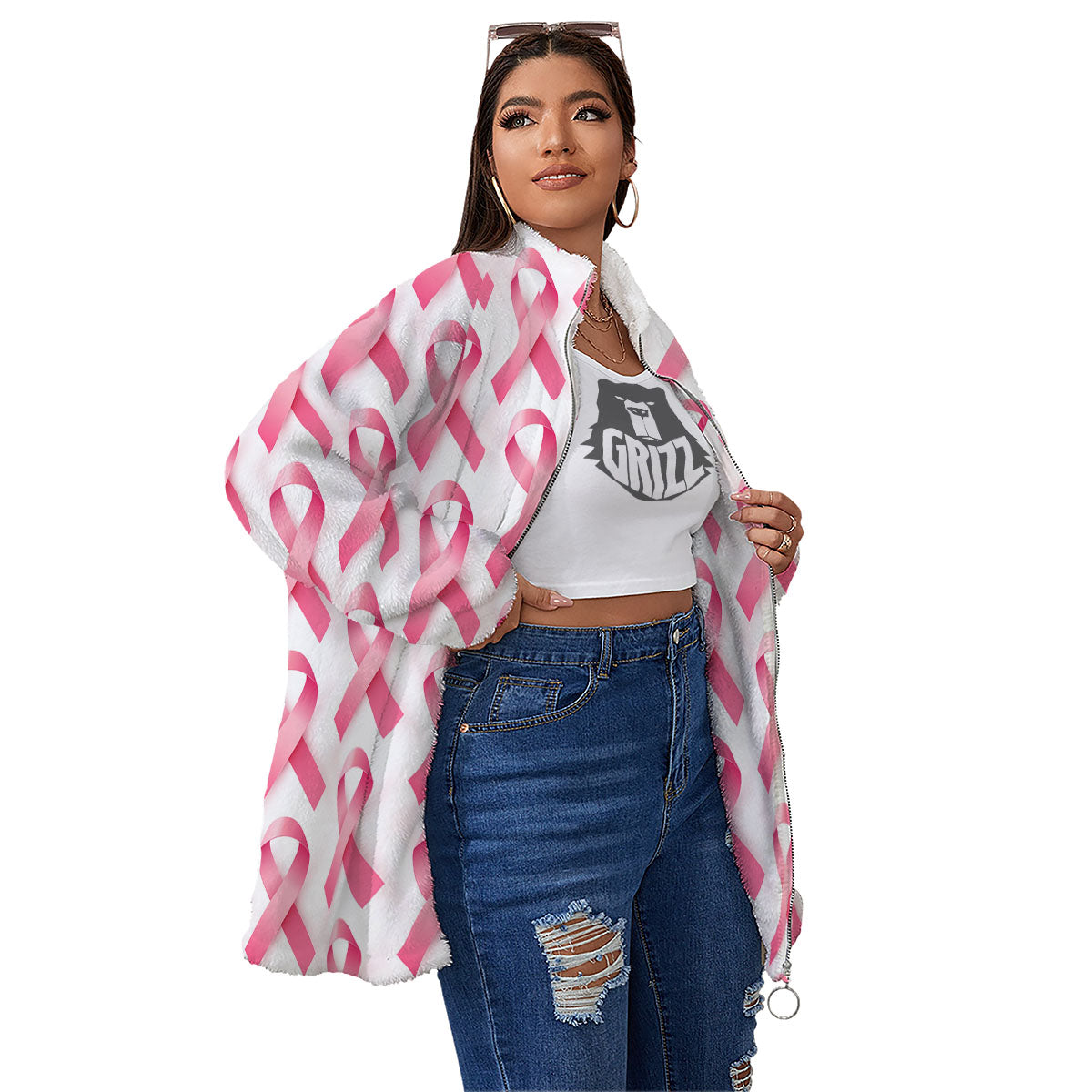 Breast Cancer Pink Ribbon Print Pattern Women's Sherpa Jacket-grizzshop