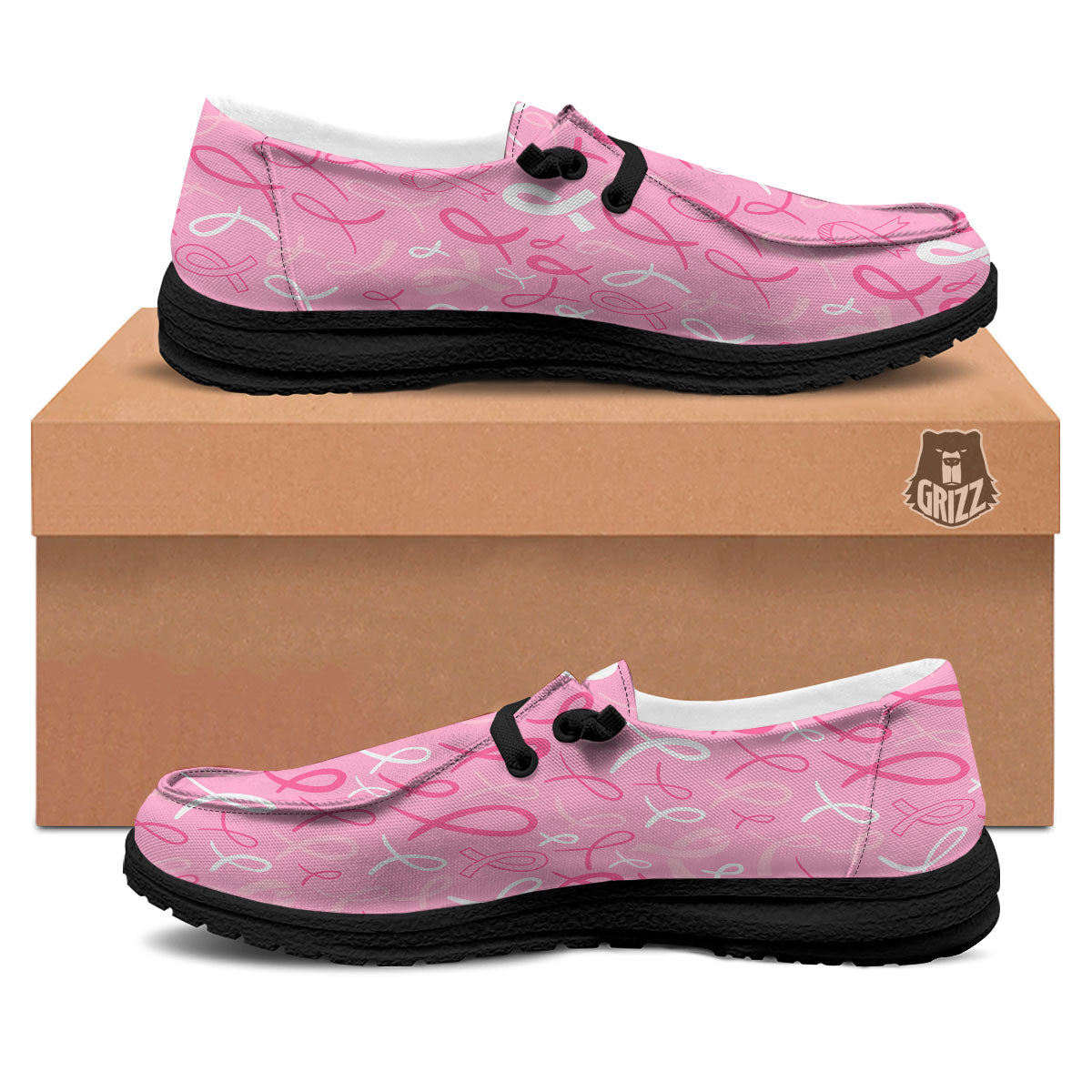Breast Cancer Ribbon Pink Print Pattern Black Loafers-grizzshop