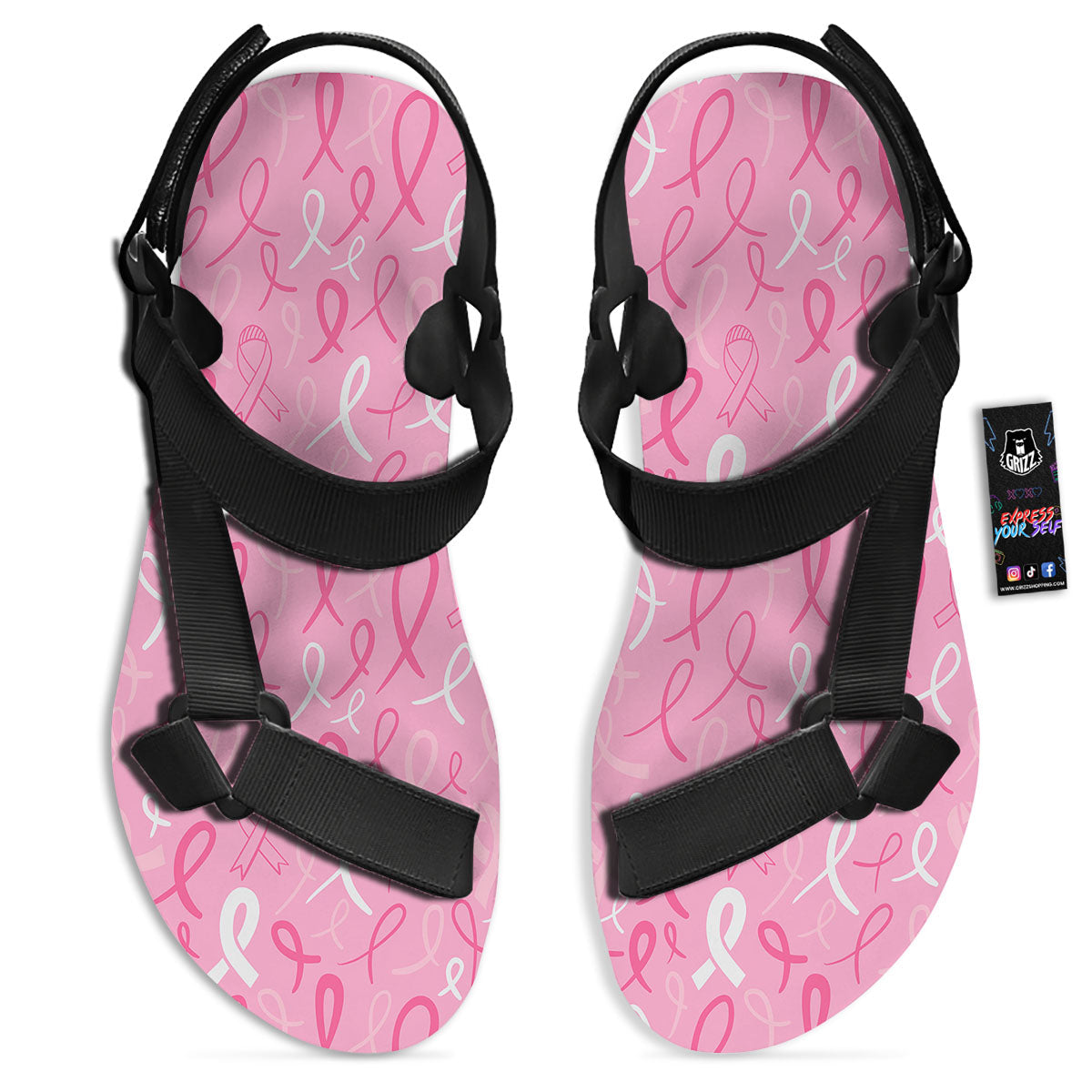Breast Cancer Ribbon Pink Print Pattern Black Open Toe Sandals-grizzshop