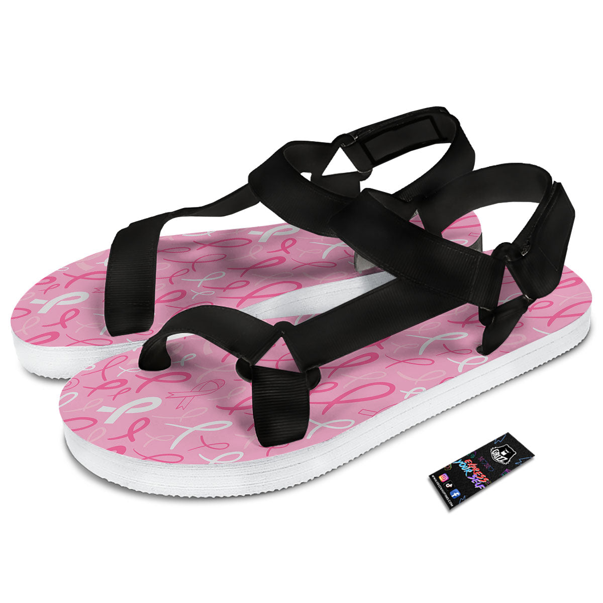 Breast Cancer Ribbon Pink Print Pattern Black Open Toe Sandals-grizzshop