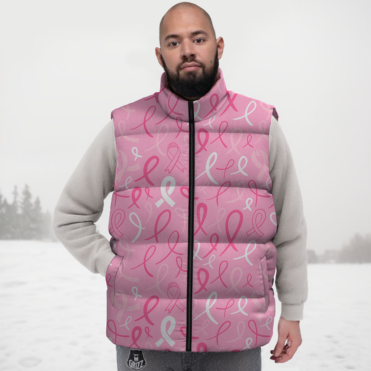 Breast Cancer Ribbon Pink Print Pattern Down Vest