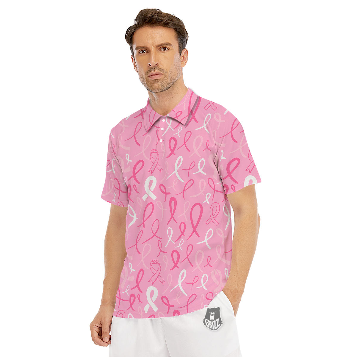 Breast Cancer Ribbon Pink Print Pattern Men's Golf Shirts-grizzshop