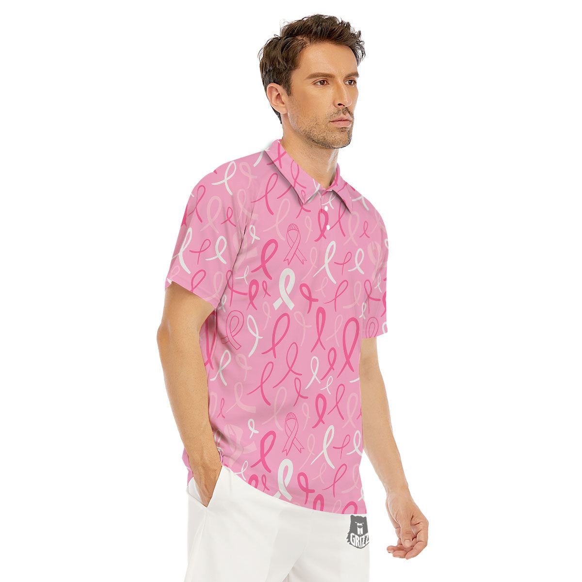 Breast Cancer Ribbon Pink Print Pattern Men's Golf Shirts-grizzshop
