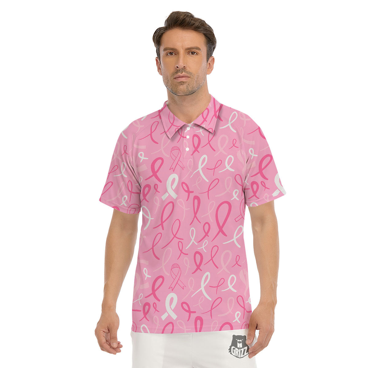Breast Cancer Ribbon Pink Print Pattern Men's Golf Shirts-grizzshop