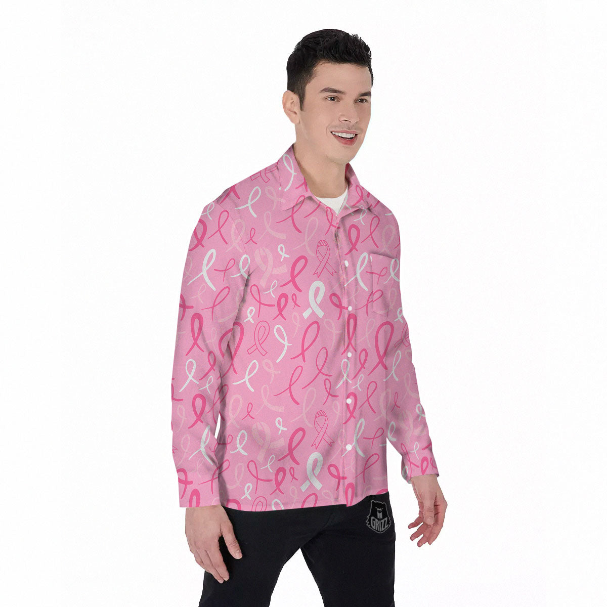 Breast Cancer Ribbon Pink Print Pattern Men's Long Sleeve Shirts-grizzshop