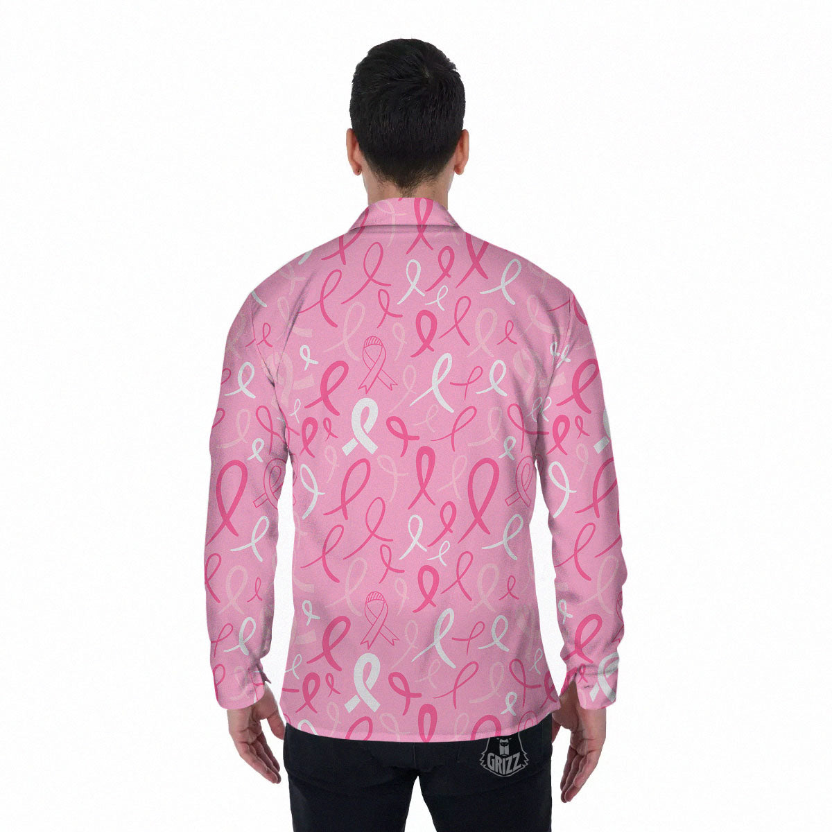 Breast Cancer Ribbon Pink Print Pattern Men's Long Sleeve Shirts-grizzshop