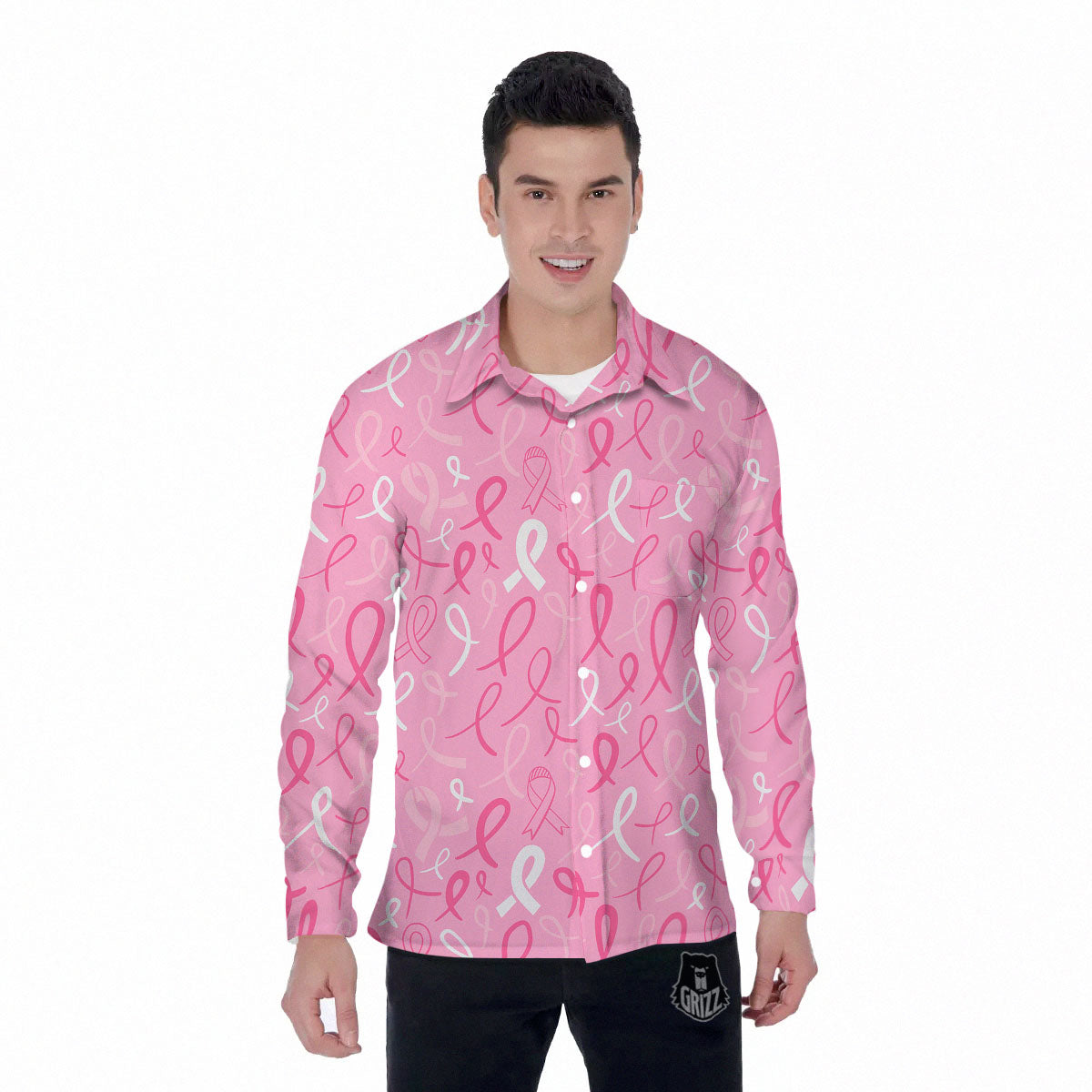 Breast Cancer Ribbon Pink Print Pattern Men's Long Sleeve Shirts-grizzshop