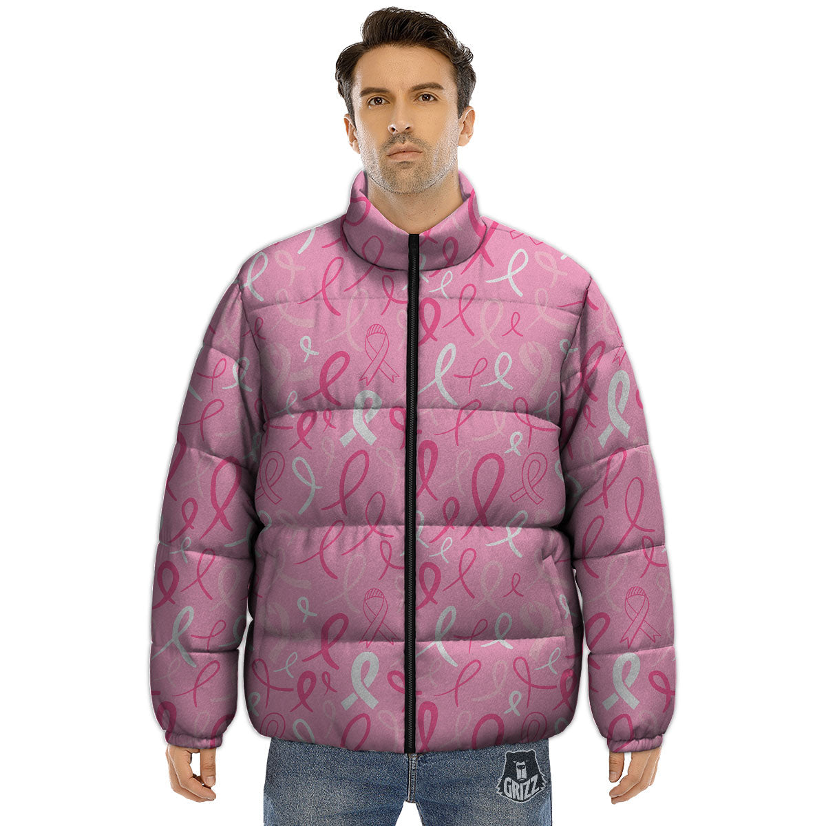 Breast Cancer Ribbon Pink Print Pattern Puffer Jacket-grizzshop