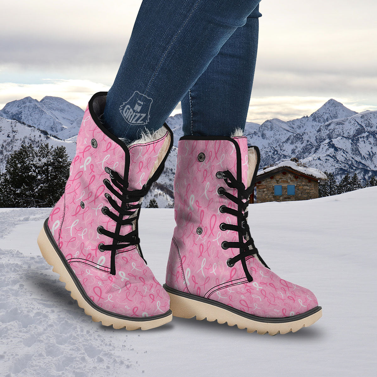 Breast Cancer Ribbon Pink Print Pattern Snow Boots-grizzshop