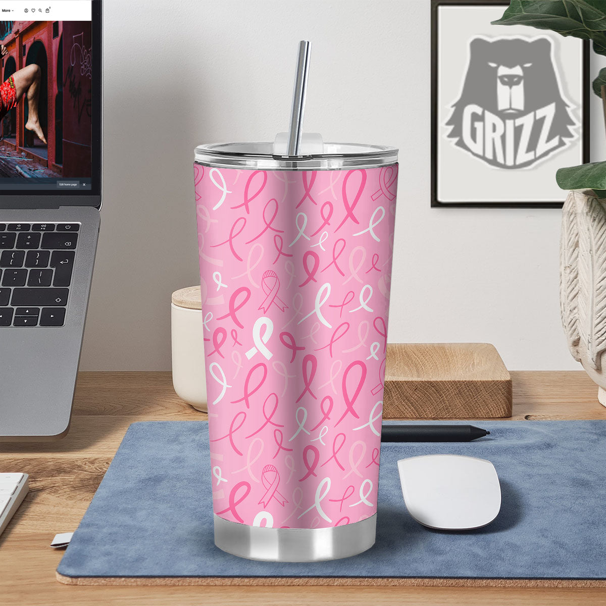 Breast Cancer Ribbon Pink Print Pattern Tumbler-grizzshop
