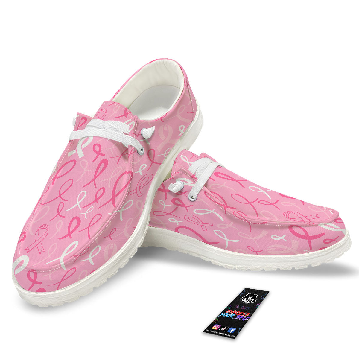 Breast Cancer Ribbon Pink Print Pattern White Loafers-grizzshop