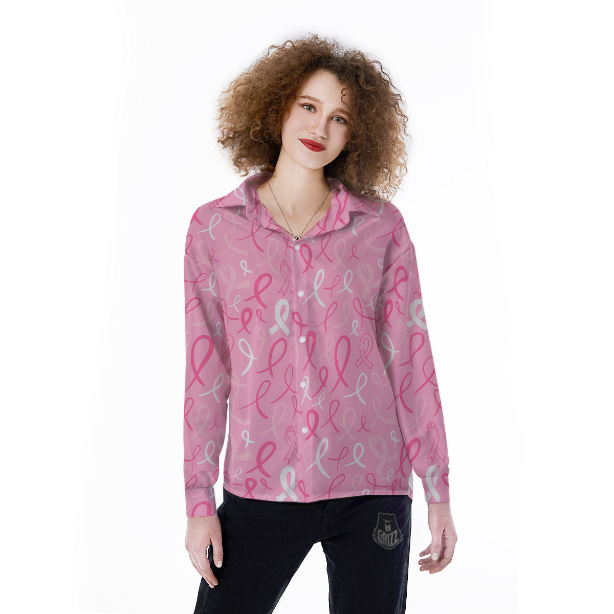 Breast Cancer Ribbon Pink Print Pattern Women's Long Sleeve Shirts-grizzshop