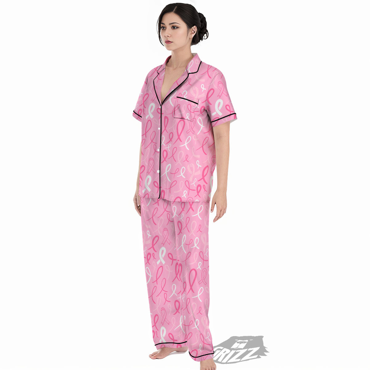 Breast Cancer Ribbon Pink Print Pattern Women's Pajamas Set-grizzshop