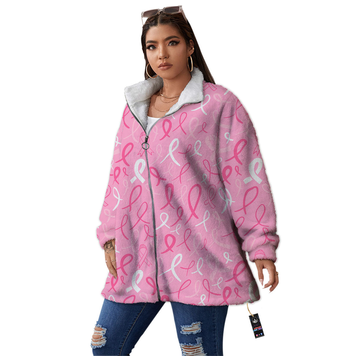 Breast Cancer Ribbon Pink Print Pattern Women's Sherpa Jacket-grizzshop