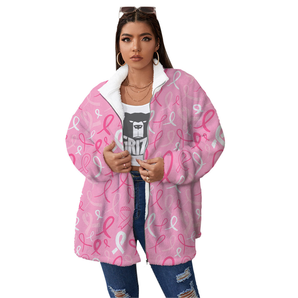 Breast Cancer Ribbon Pink Print Pattern Women's Sherpa Jacket-grizzshop