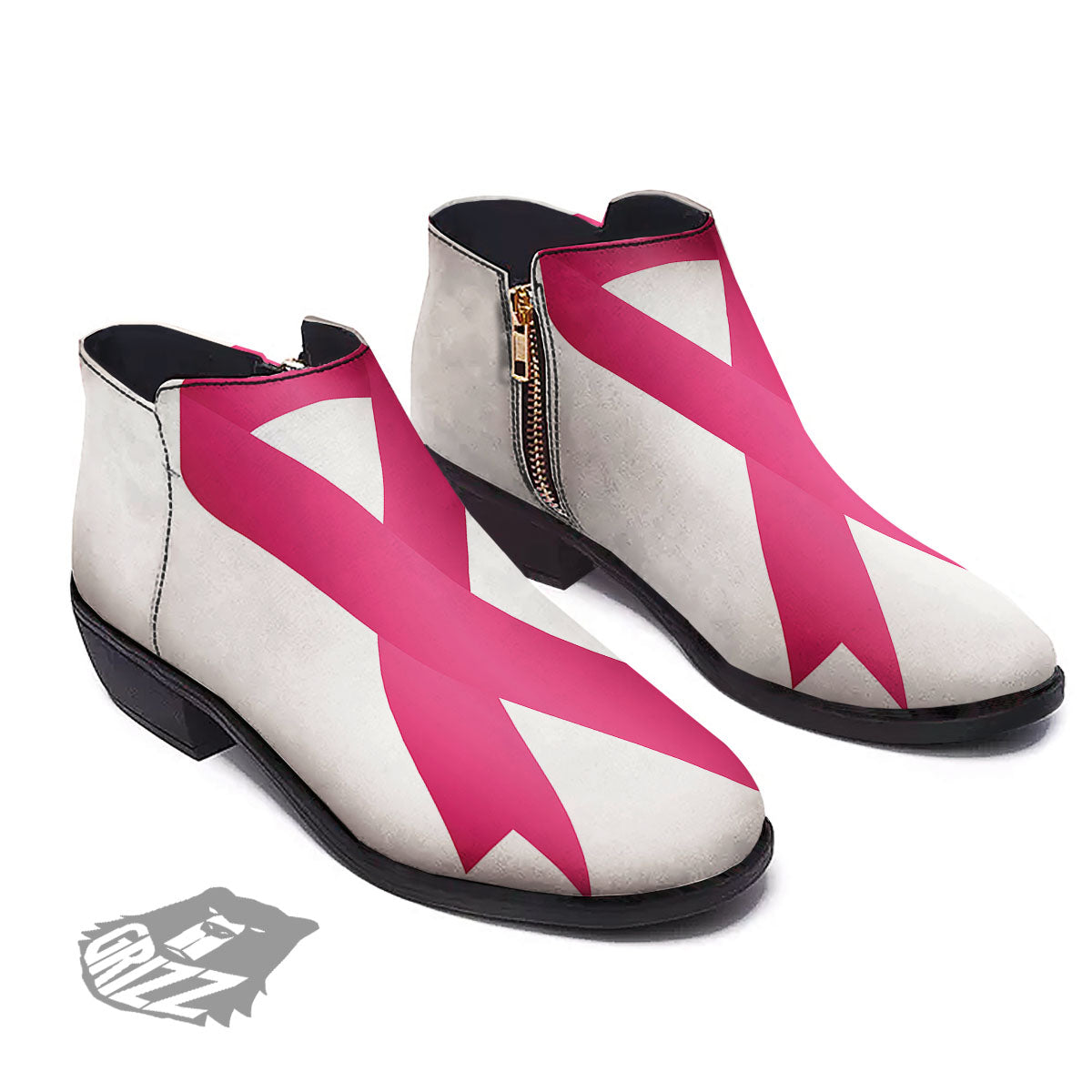 Breast Cancer White And Pink Print Ankle Boots-grizzshop