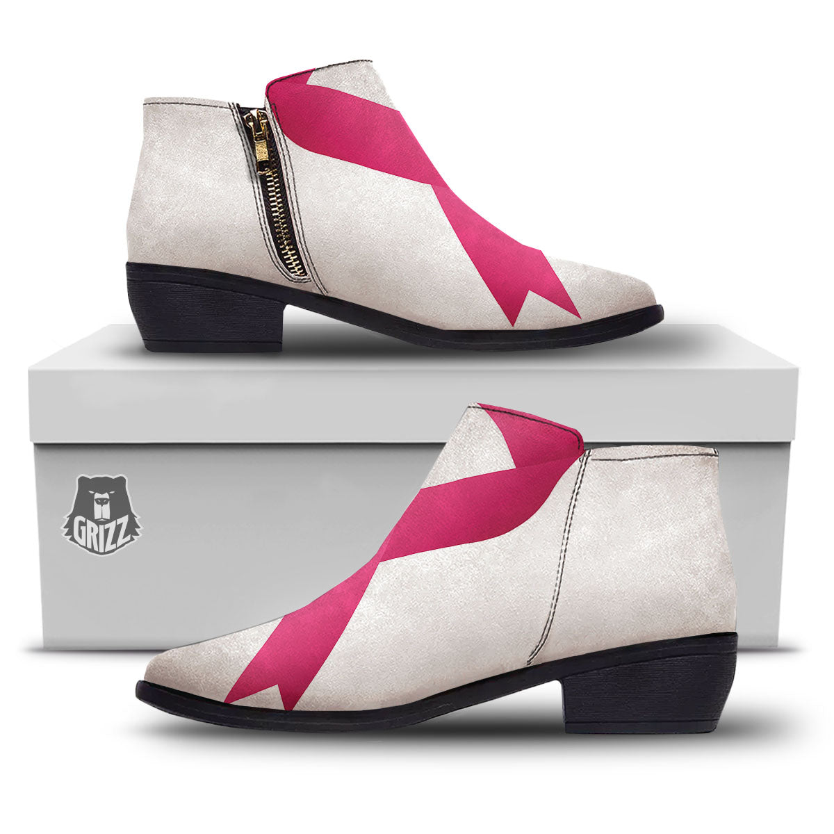 Breast Cancer White And Pink Print Ankle Boots-grizzshop