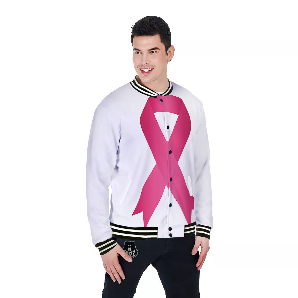 Breast Cancer White And Pink Print Baseball Jacket-grizzshop