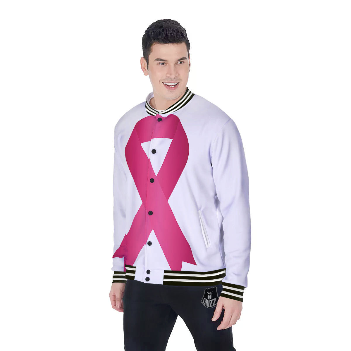 Breast Cancer White And Pink Print Baseball Jacket-grizzshop