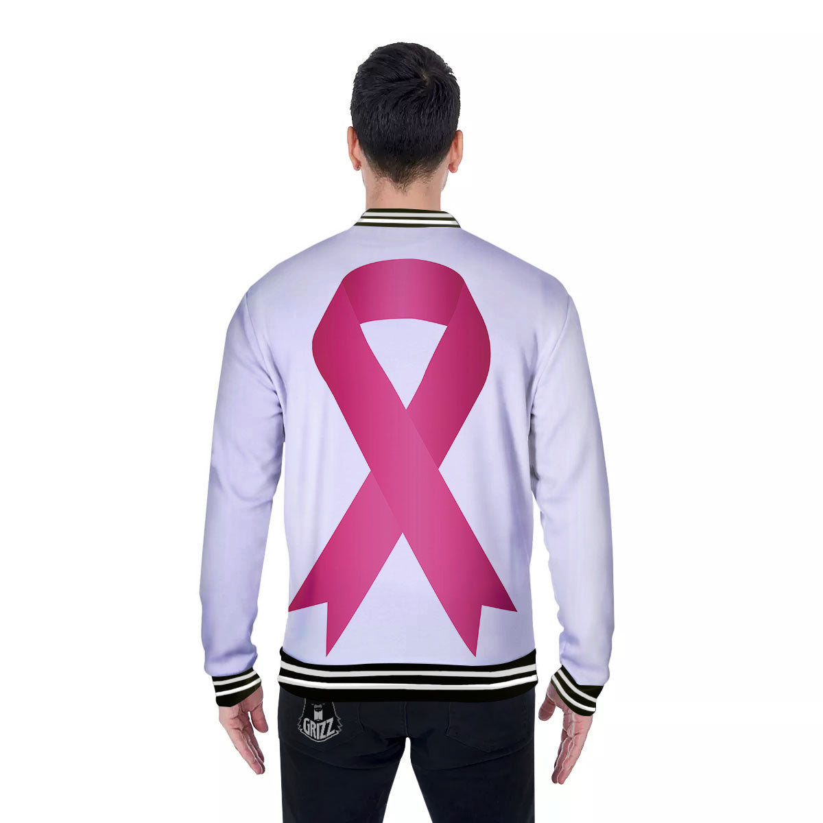 Breast Cancer White And Pink Print Baseball Jacket-grizzshop