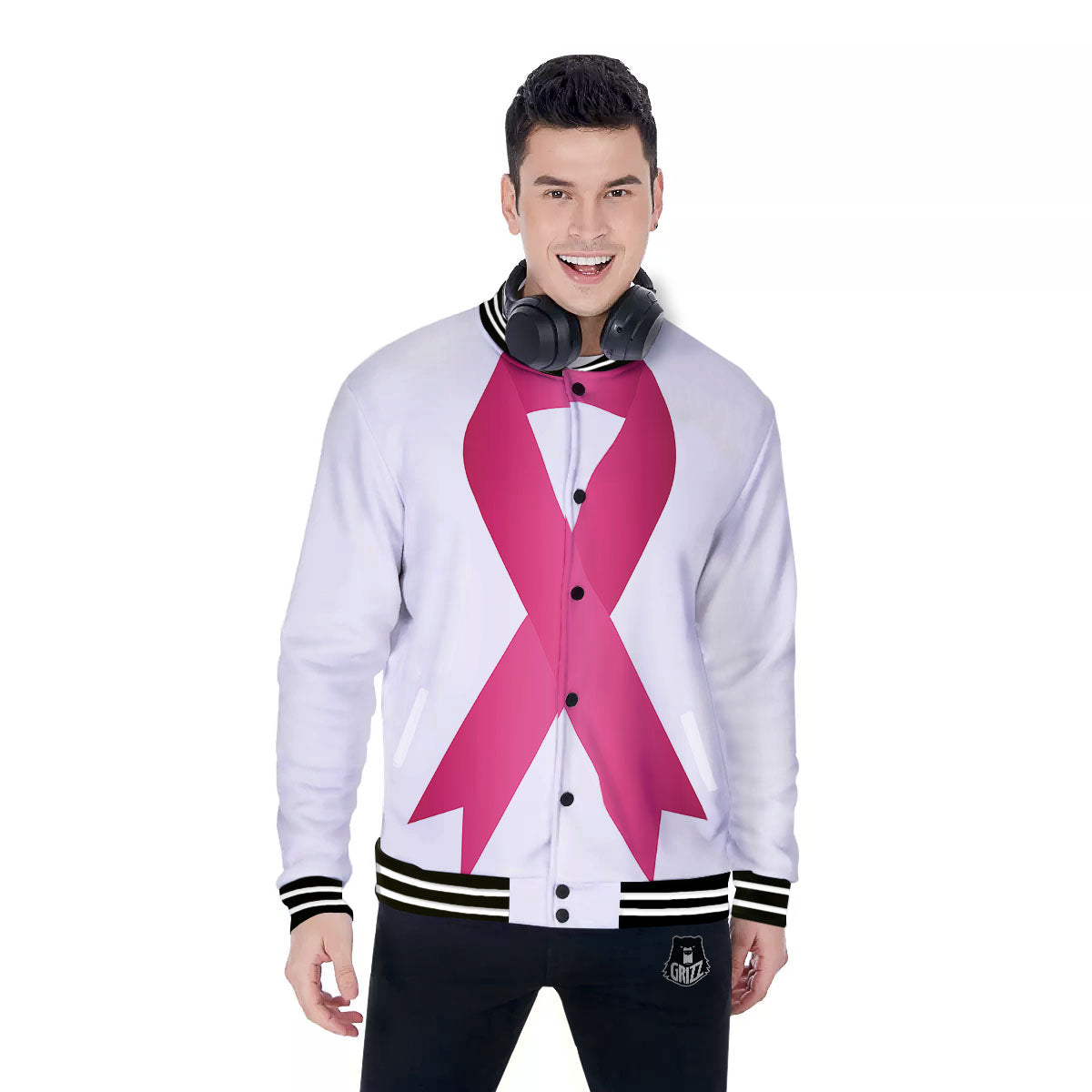 Breast Cancer White And Pink Print Baseball Jacket-grizzshop