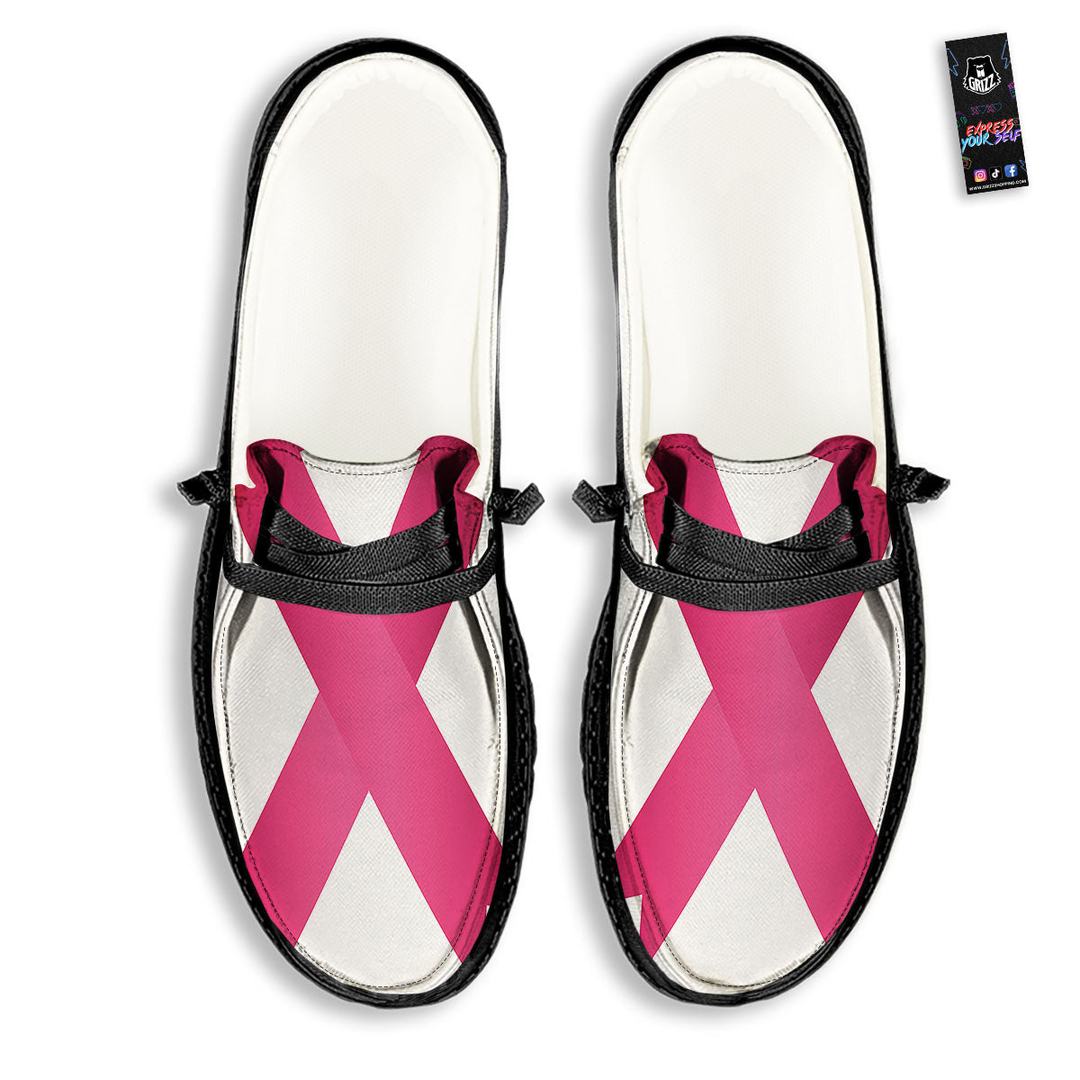 Breast Cancer White And Pink Print Black Loafers-grizzshop