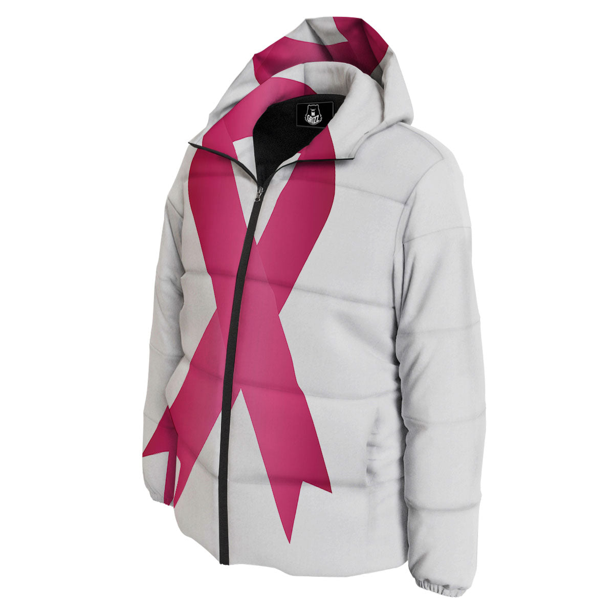 Breast Cancer White And Pink Print Down Jacket-grizzshop