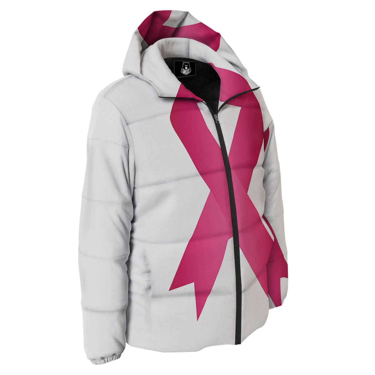 Breast Cancer White And Pink Print Down Jacket-grizzshop