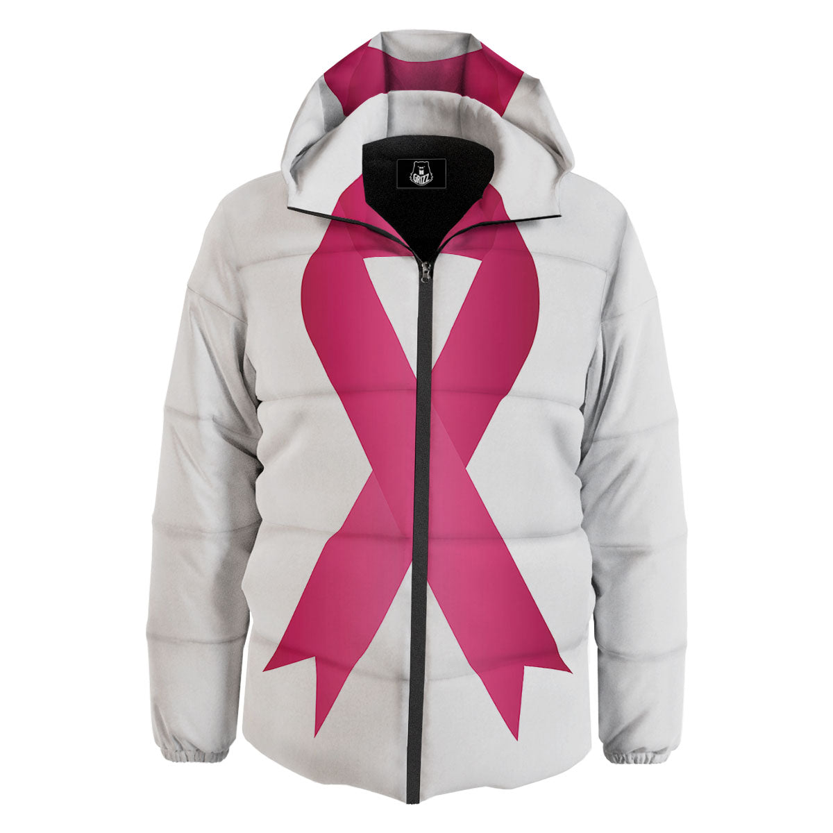 Breast Cancer White And Pink Print Down Jacket-grizzshop