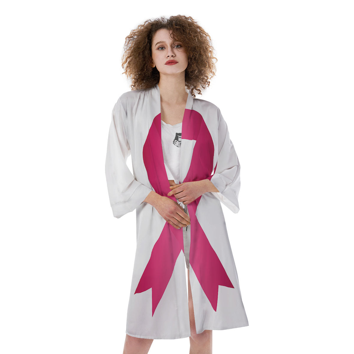 Breast Cancer White And Pink Print Kimono-grizzshop