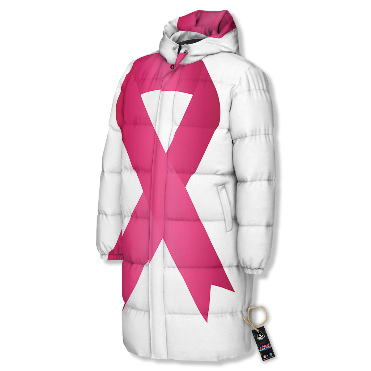 Breast Cancer White And Pink Print Long Down Jacket-grizzshop