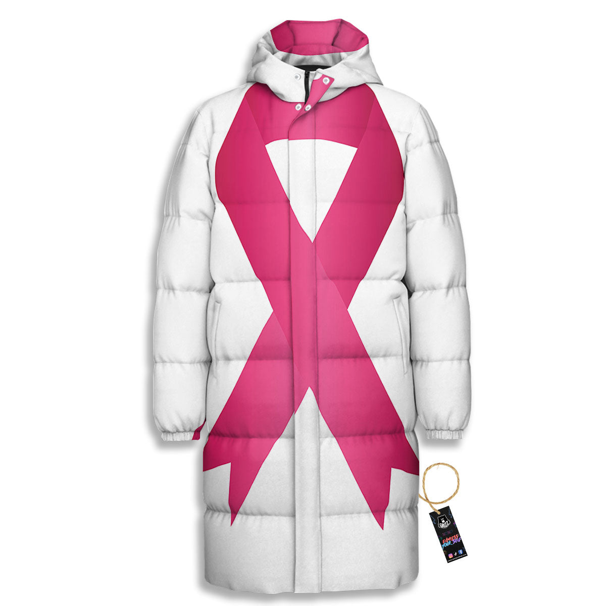 Breast Cancer White And Pink Print Long Down Jacket-grizzshop