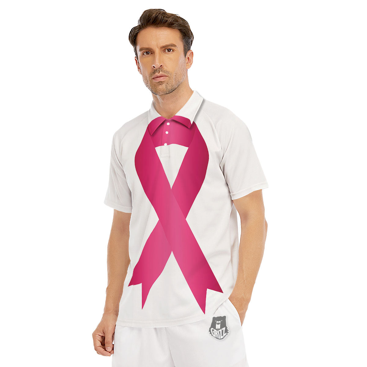 Breast Cancer White And Pink Print Men's Golf Shirts-grizzshop