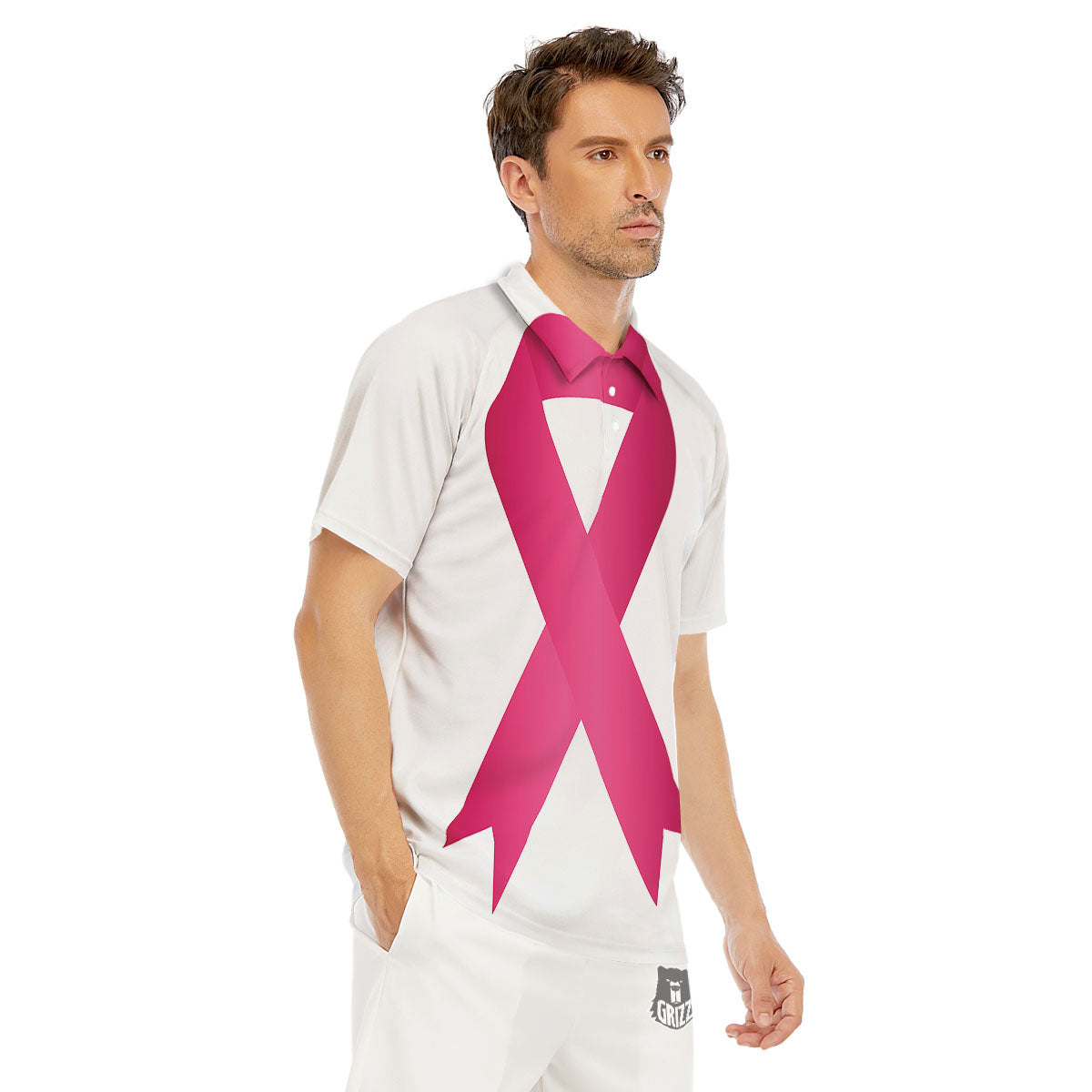 Breast Cancer White And Pink Print Men's Golf Shirts-grizzshop