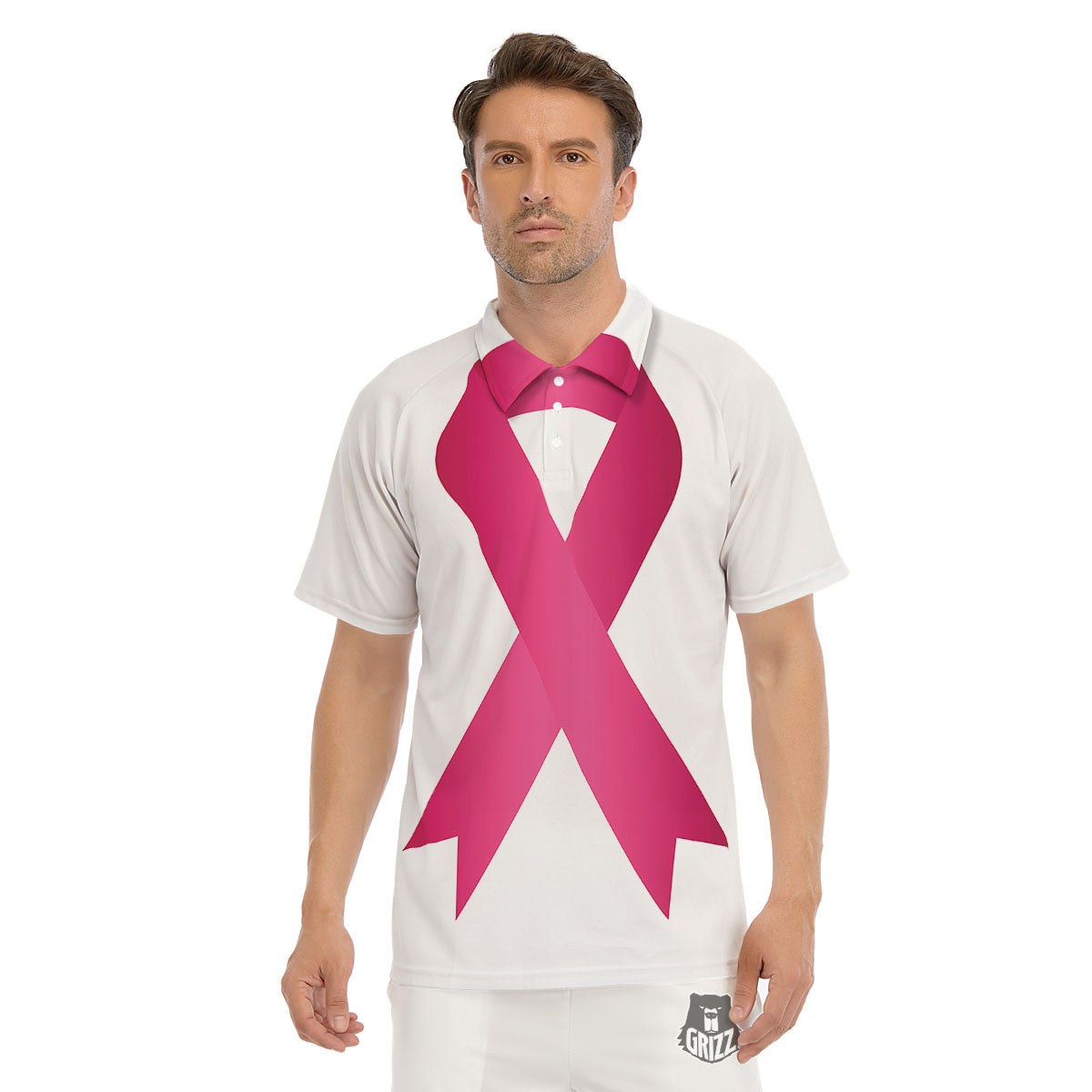 Breast Cancer White And Pink Print Men's Golf Shirts-grizzshop