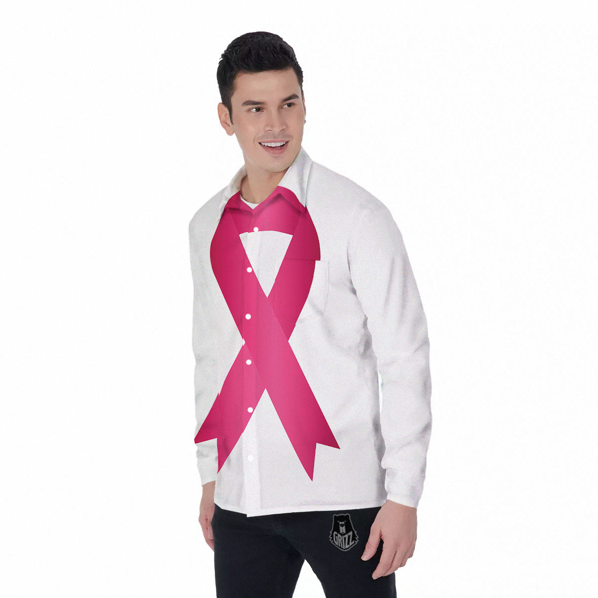 Breast Cancer White And Pink Print Men's Long Sleeve Shirts-grizzshop