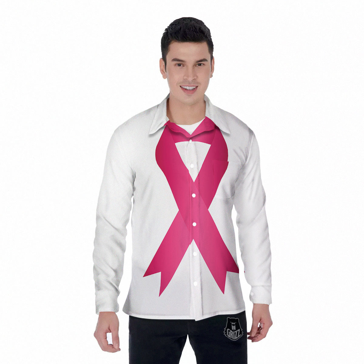 Breast Cancer White And Pink Print Men's Long Sleeve Shirts-grizzshop