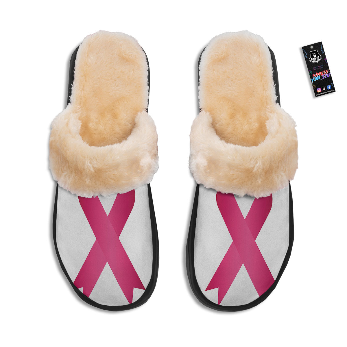 Breast Cancer White And Pink Print Slippers-grizzshop