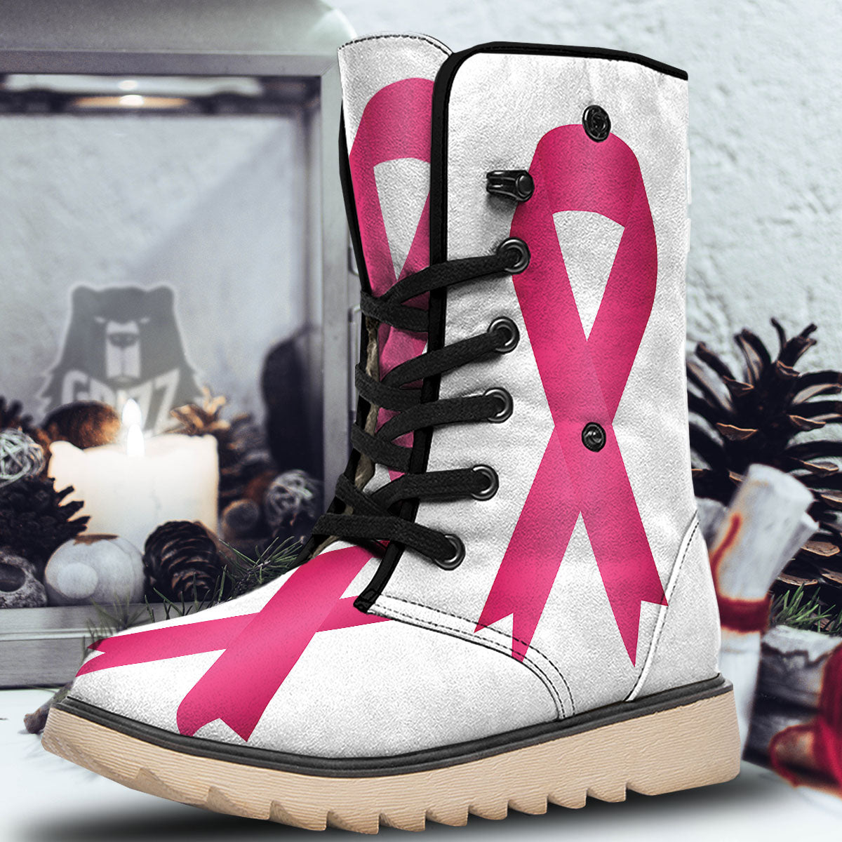 Breast Cancer White And Pink Print Snow Boots-grizzshop