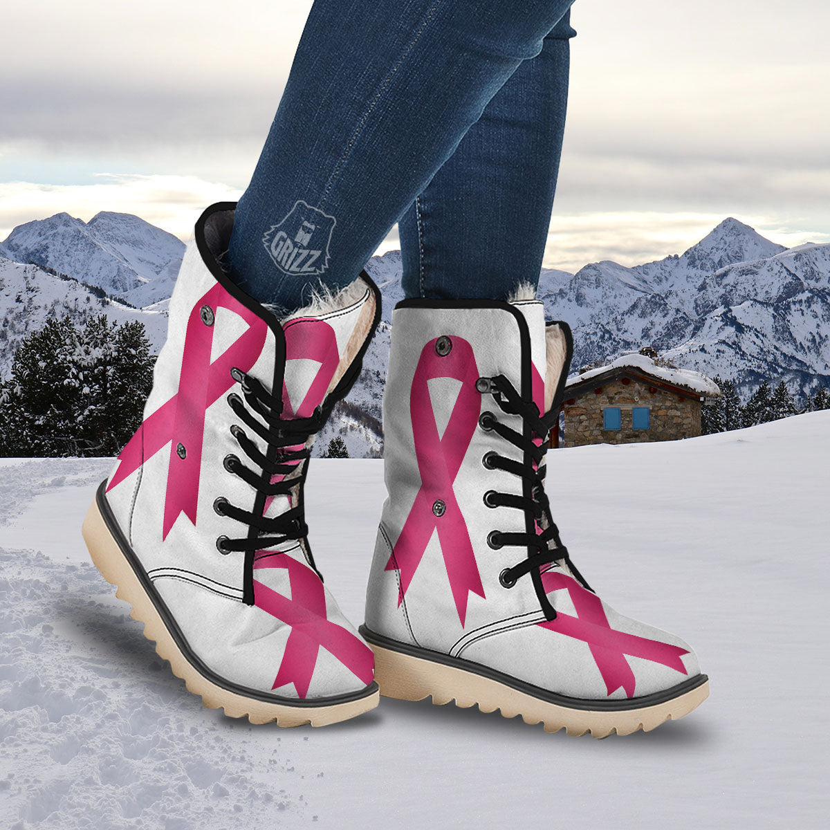 Breast Cancer White And Pink Print Snow Boots-grizzshop