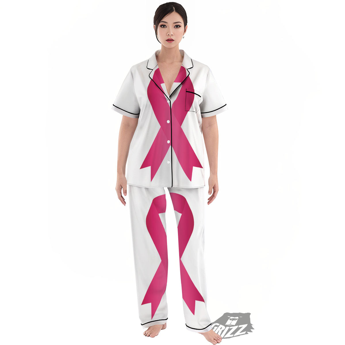 Breast Cancer White And Pink Print Women's Pajamas Set-grizzshop