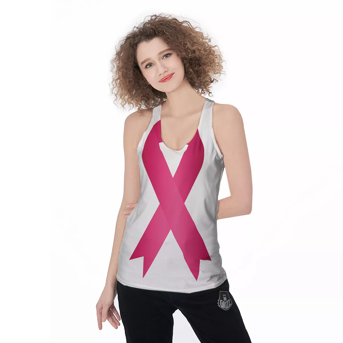 Breast Cancer White And Pink Print Women's Racerback Tank Top-grizzshop