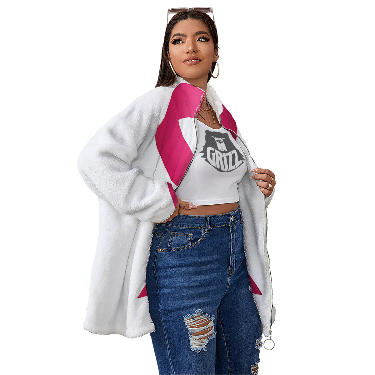 Breast Cancer White And Pink Print Women's Sherpa Jacket-grizzshop