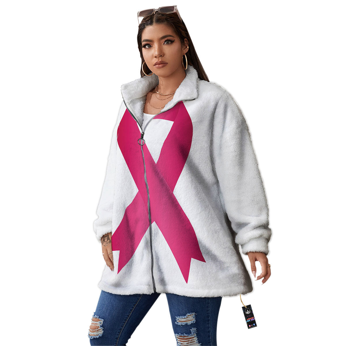 Breast Cancer White And Pink Print Women's Sherpa Jacket-grizzshop